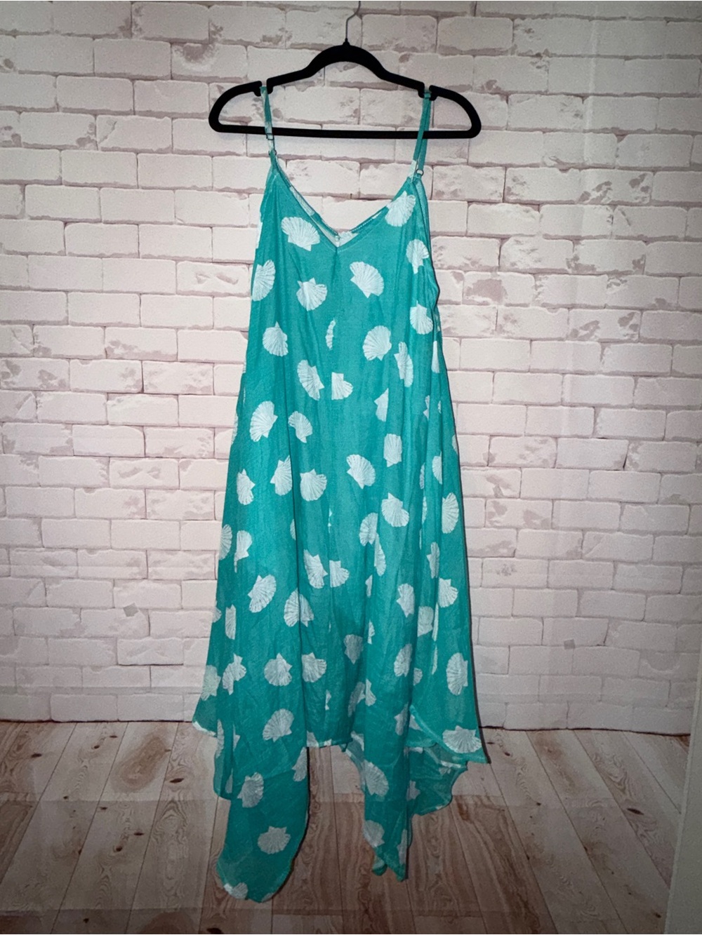 India Boutique Sheer Cover Up Dress Teal Seashell Print One Size